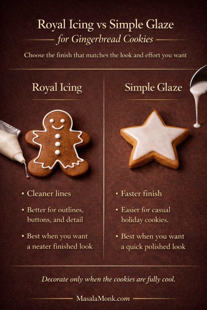 Comparison guide for gingerbread cookies showing royal icing for cleaner lines and simple glaze for a quicker finish.