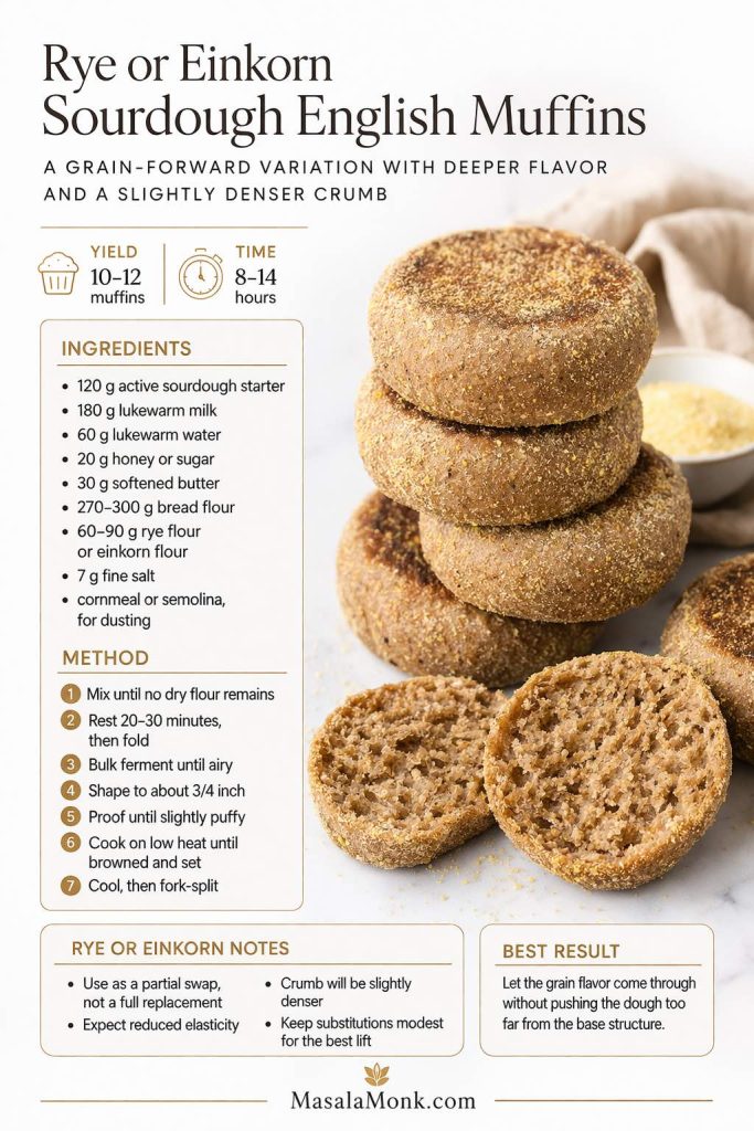 Standalone recipe card for rye or einkorn sourdough English muffins showing darker grain-forward muffins with a split crumb, ingredient list, method, yield, time, and notes about partial substitution, reduced elasticity, and a slightly denser texture.