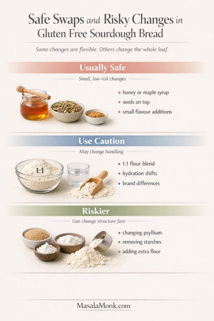Guide to safe swaps and risky changes in gluten free sourdough bread showing usually safe changes, caution swaps, and riskier changes like changing psyllium, removing starches, or adding extra flour.