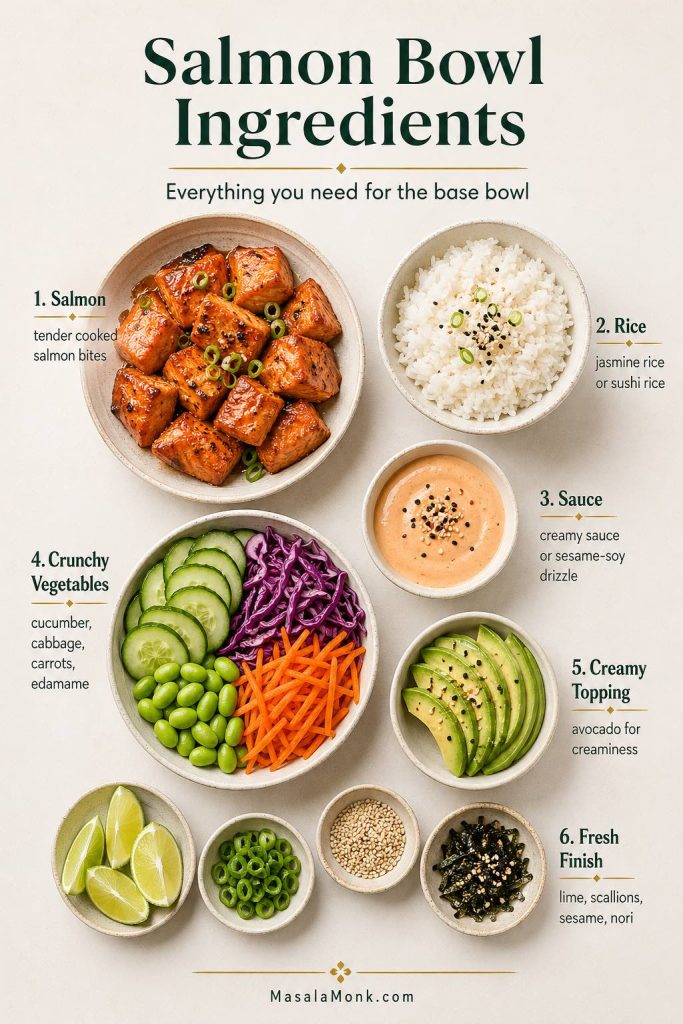 Salmon bowl ingredients with cooked salmon bites, rice, creamy sauce, cucumber, cabbage, carrots, edamame, avocado, lime, scallions, sesame, and nori.