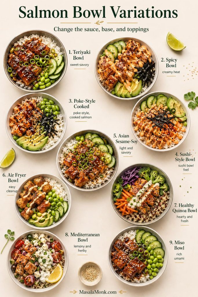 Salmon bowl variations guide showing teriyaki, spicy, poke-style cooked, sushi-style, Asian sesame-soy, air fryer, healthy quinoa, Mediterranean, and miso salmon bowls.