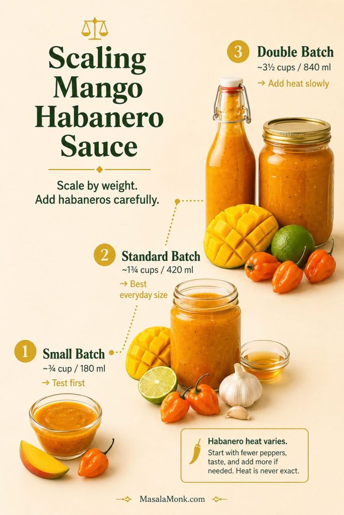 Scaling guide for mango habanero sauce showing small batch, standard batch, and double batch with a reminder to add habaneros carefully.