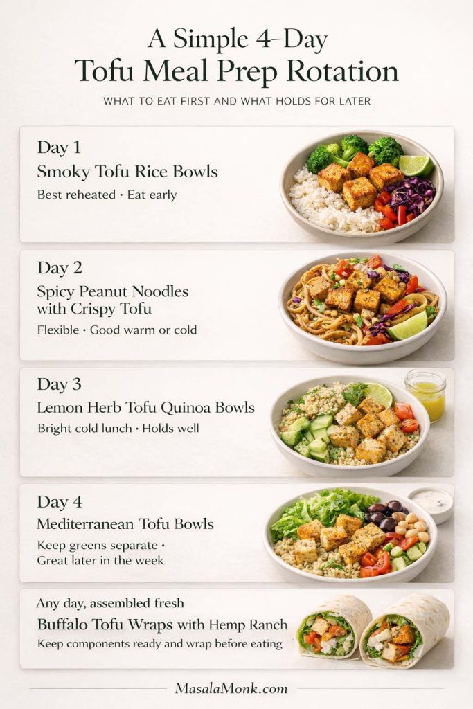 4-day tofu meal prep rotation guide showing a suggested order for smoky tofu rice bowls, spicy peanut noodles with crispy tofu, lemon herb tofu quinoa bowls, Mediterranean tofu bowls, and buffalo tofu wraps with hemp ranch.