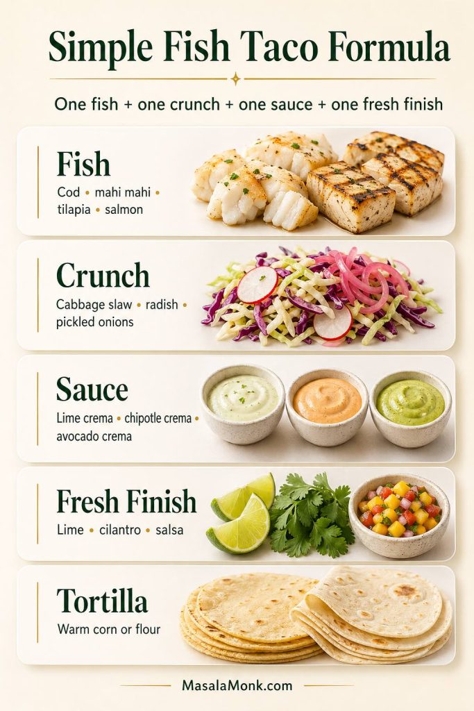 A vertical guide titled “Simple Fish Taco Formula” showing the key parts of a balanced fish taco: fish, crunch, sauce, fresh finish, and warm tortillas, with examples like cod, mahi mahi, cabbage slaw, lime crema, cilantro, salsa, and corn or flour tortillas.