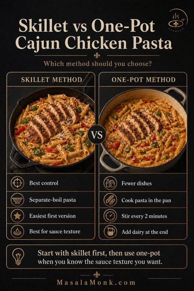 Skillet versus one-pot Cajun chicken pasta comparison showing skillet method for control and one-pot method for fewer dishes.