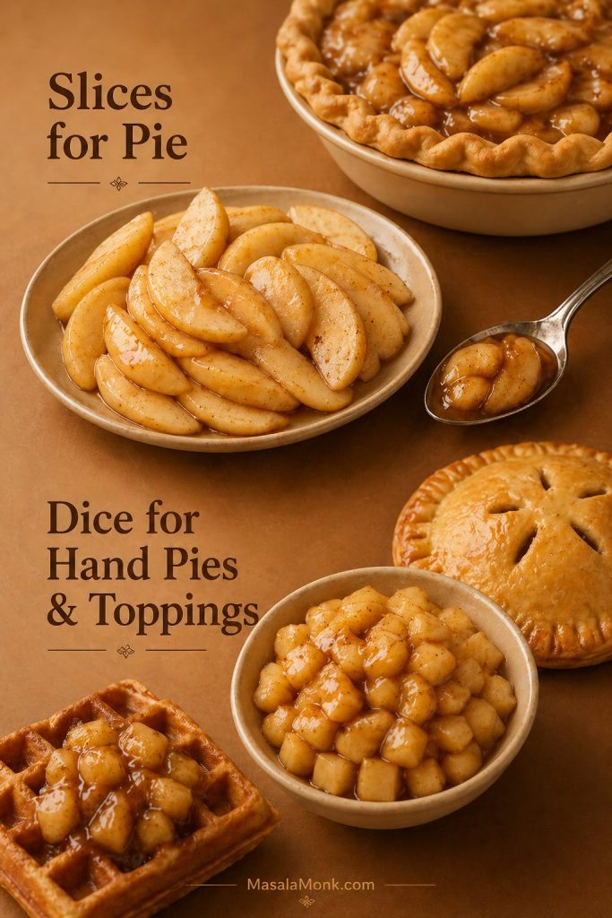Guide comparing sliced apples for pie with diced apples for hand pies, turnovers, waffles, and toppings.