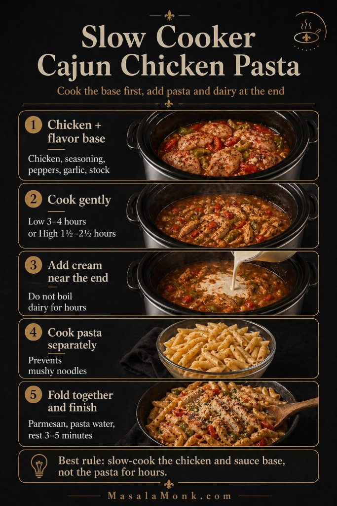 Slow cooker Cajun chicken pasta guide showing chicken and sauce base cooked first, cream added near the end, pasta cooked separately, and parmesan folded in before serving.