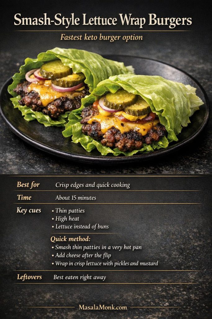 Smash-style lettuce wrap burgers with crisp-edged beef patties, melted cheese, pickles, red onion, and a mini recipe card for quick keto burger prep.