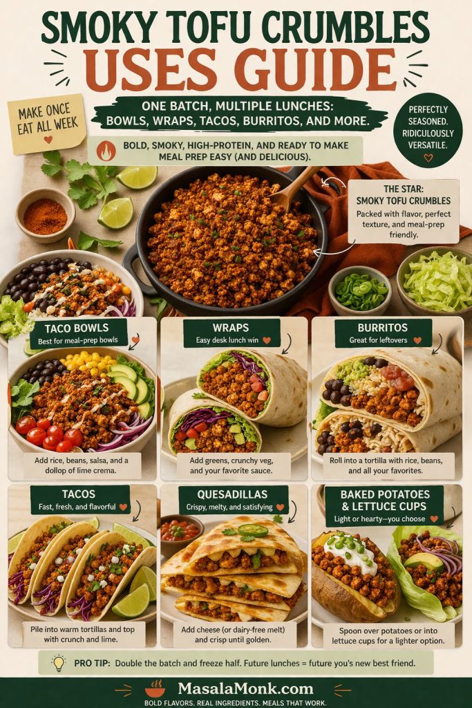 Editorial infographic showing multiple ways to use smoky tofu crumbles for meal prep, including taco bowls, wraps, burritos, tacos, quesadillas, and baked potatoes or lettuce cups, with notes on why this tofu crumble format works well for flexible high-protein lunches through the week.