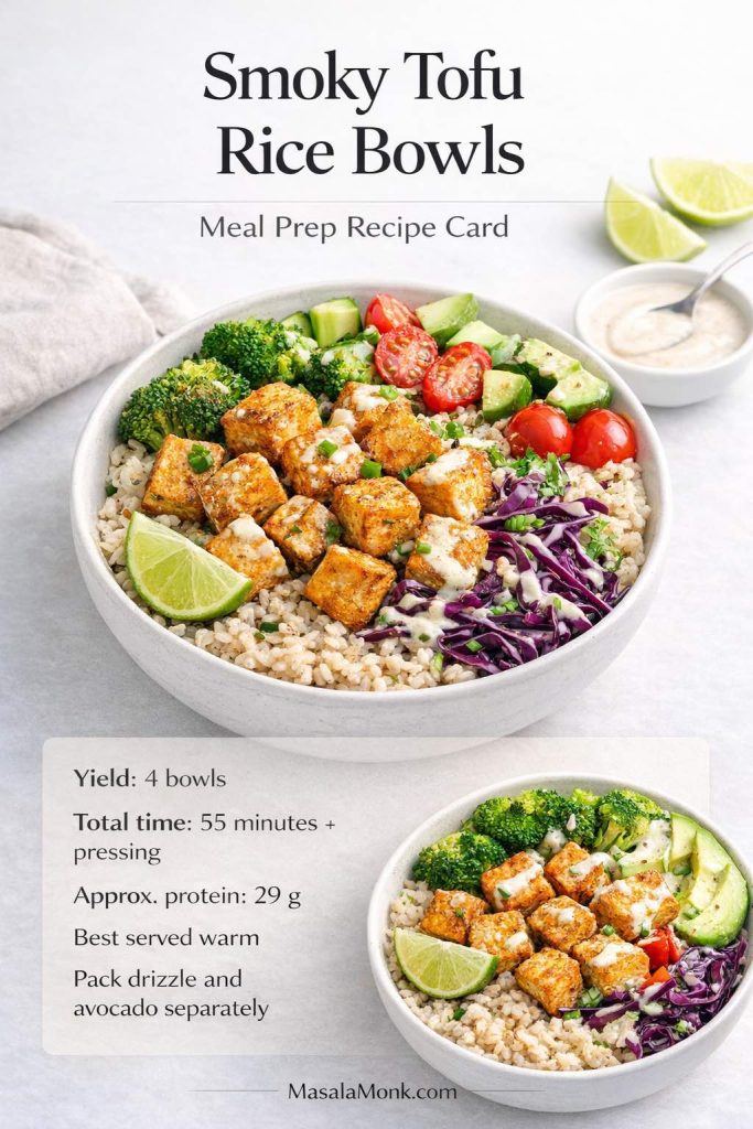 Smoky tofu rice bowls recipe card showing browned tofu over rice with broccoli, cabbage, lime, and creamy drizzle for tofu meal prep.