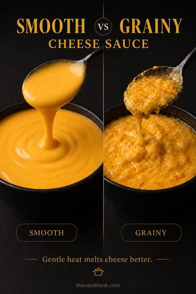Comparison of smooth cheese sauce and grainy cheese sauce showing the difference between silky and broken texture.