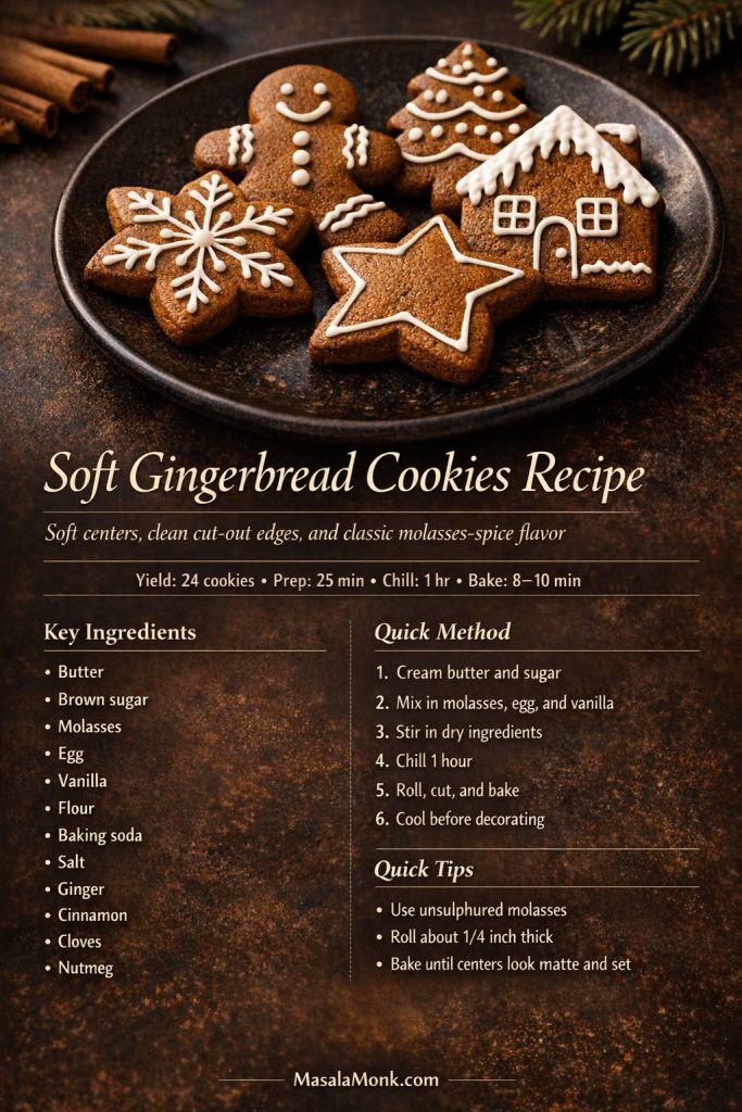 Soft gingerbread cookies recipe card image with decorated gingerbread cookies, quick ingredients, method, and tips for soft centers and clean cut-out edges.