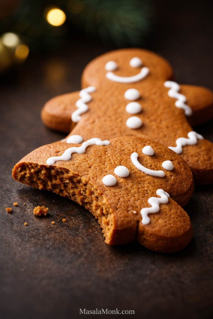 Soft gingerbread cookies recipe close-up with a bitten gingerbread man cookie in front and a whole iced cookie behind, showing a tender center, clean cut-out shape, and lightly crisp edges.