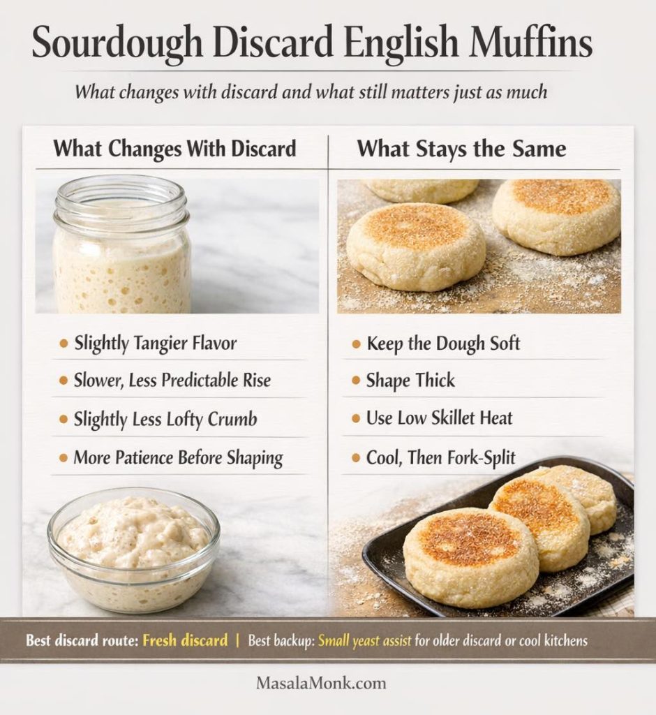 Discard adaptation guide for sourdough English muffins comparing what changes with sourdough discard, such as tangier flavor and slower rise, with what stays the same, including soft dough, thick shaping, low skillet heat, and cooling before fork-splitting.