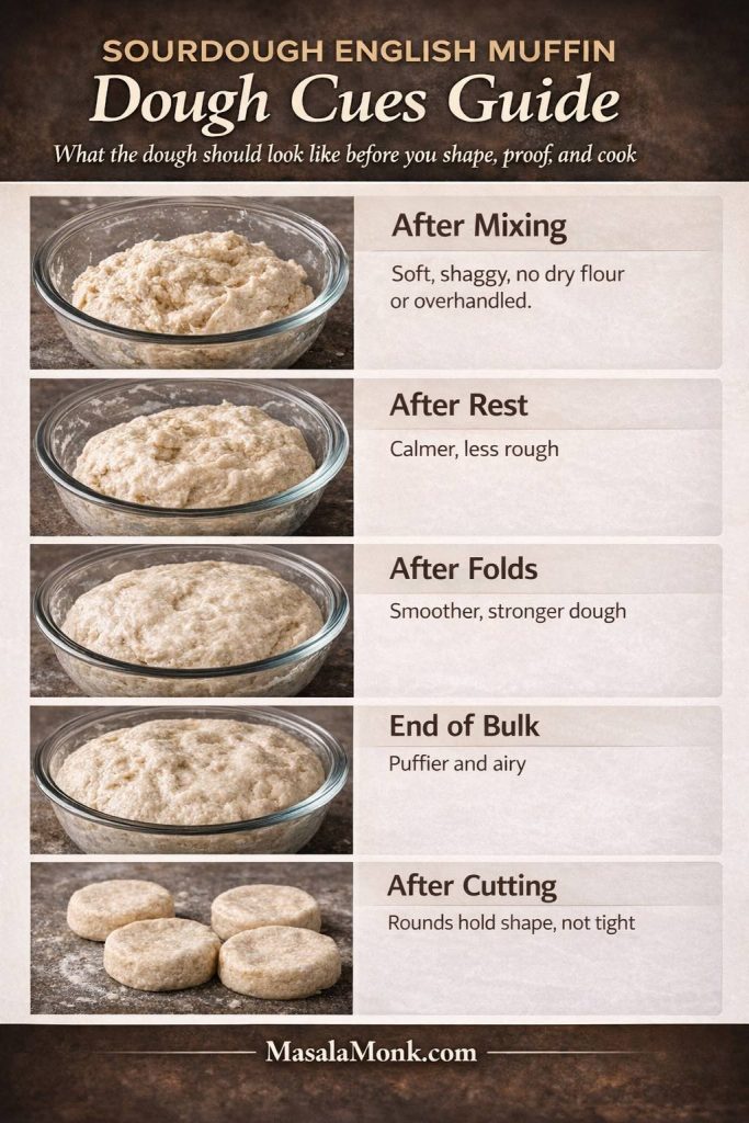 Sourdough English muffin dough cues guide showing how the dough should look after mixing, after resting, after folds, at the end of bulk fermentation, and after cutting, with visual cues for softness, strength, airiness, and shape.