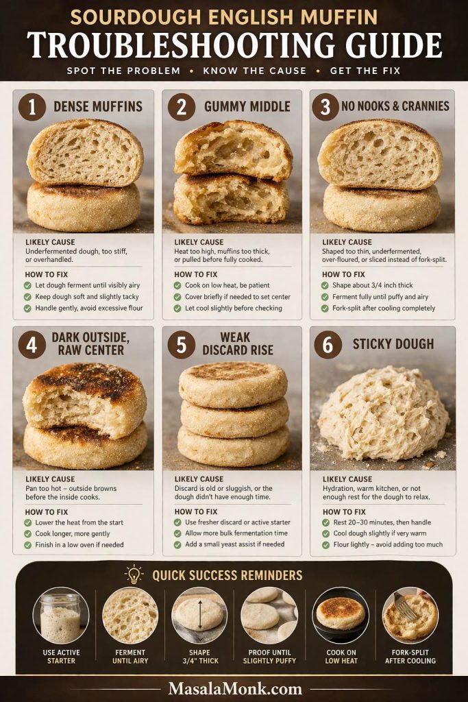Sourdough English muffin troubleshooting guide showing common problems including dense muffins, gummy middle, no nooks and crannies, dark outside with raw center, weak discard rise, and sticky dough, with quick fixes for each.