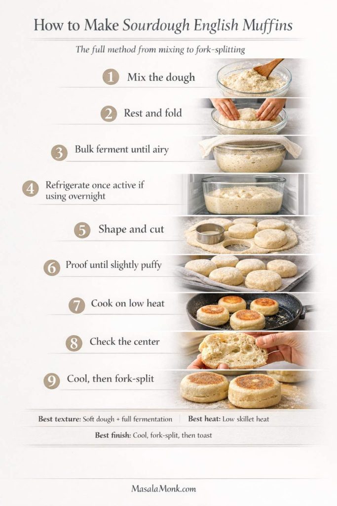 Making sourdough English muffins goes more smoothly when you can see the whole sequence before you start. This method guide walks through the full flow from mixing and folding to fermentation, shaping, proofing, skillet cooking, checking the center, and cooling before fork-splitting. Use it as your quick roadmap for the batch, then follow the detailed recipe for the exact dough cues, timing flexibility, and texture checkpoints that make the muffins come out light, cooked through, and ready to toast well.