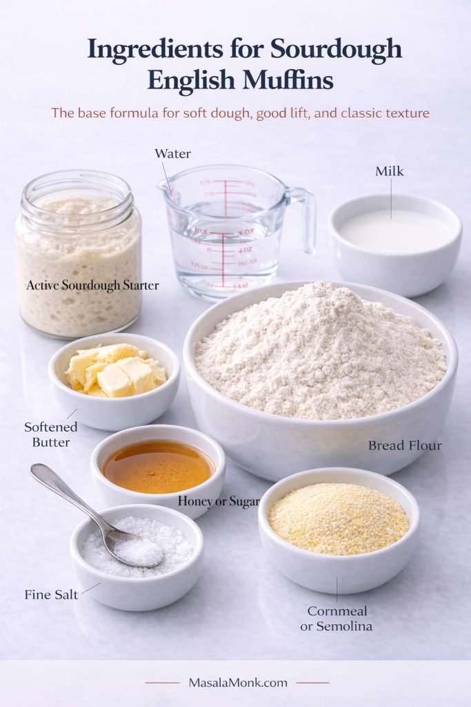 Ingredients guide for sourdough English muffins showing active sourdough starter, water, milk, bread flour, softened butter, honey or sugar, fine salt, and cornmeal or semolina arranged in a labeled baking setup.
