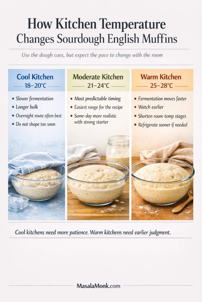 Kitchen temperature guide for sourdough English muffins showing cool, moderate, and warm kitchen ranges with notes on how fermentation timing, bulk rise, and schedule flexibility change in each condition.