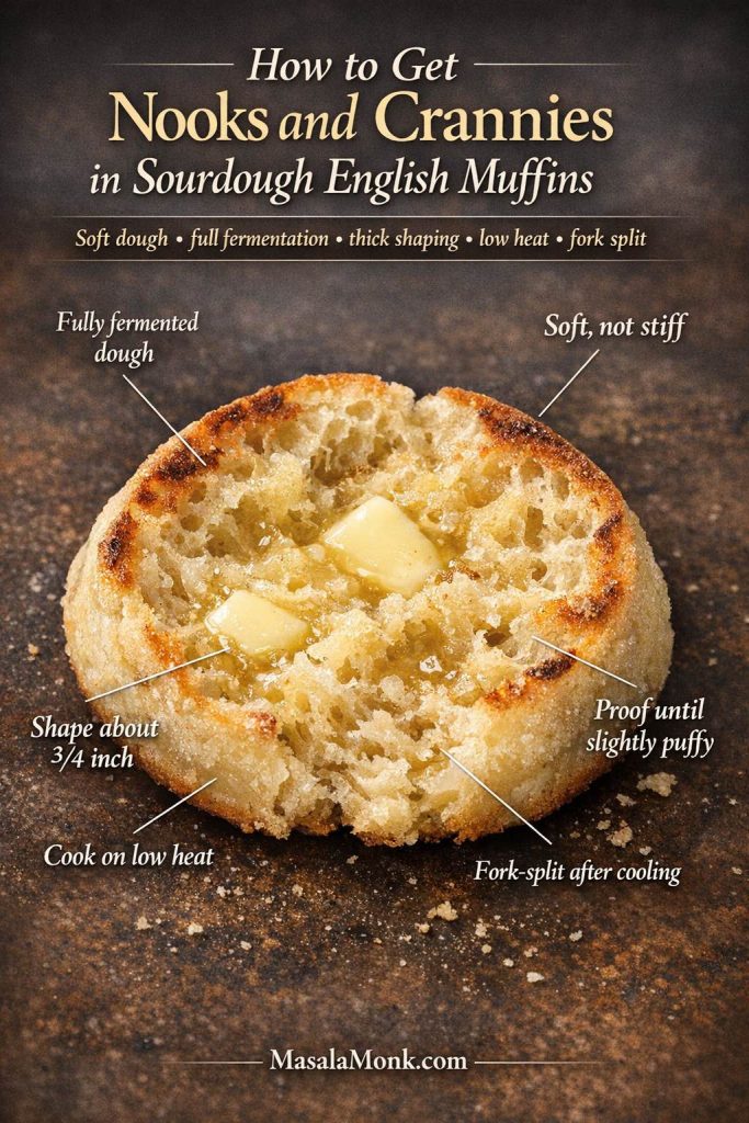 Guide graphic showing how to get nooks and crannies in sourdough English muffins, with a fork-split muffin and callouts for full fermentation, soft dough, 3/4 inch shaping, slight proof, low heat, and cooling before splitting.