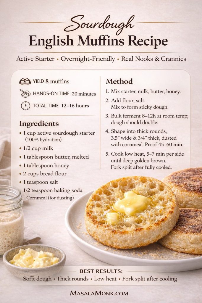 Sourdough English muffins served split and buttered, with recipe details for an overnight-friendly active starter version.