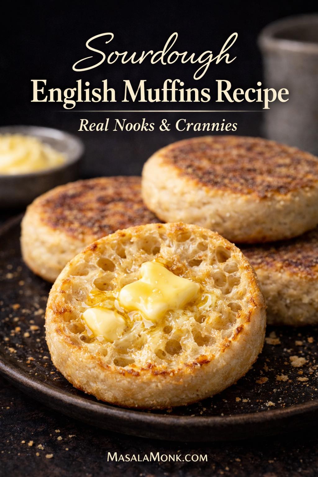 Fork-split sourdough English muffin with melted butter showing real nooks and crannies, styled as a dark editorial recipe cover with text overlay.