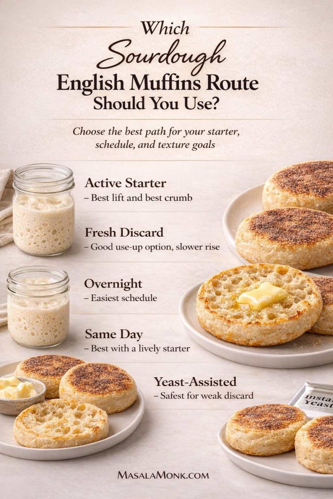 Guide graphic showing which sourdough English muffins route to use, including active starter, fresh discard, overnight, same day, and yeast-assisted options.
