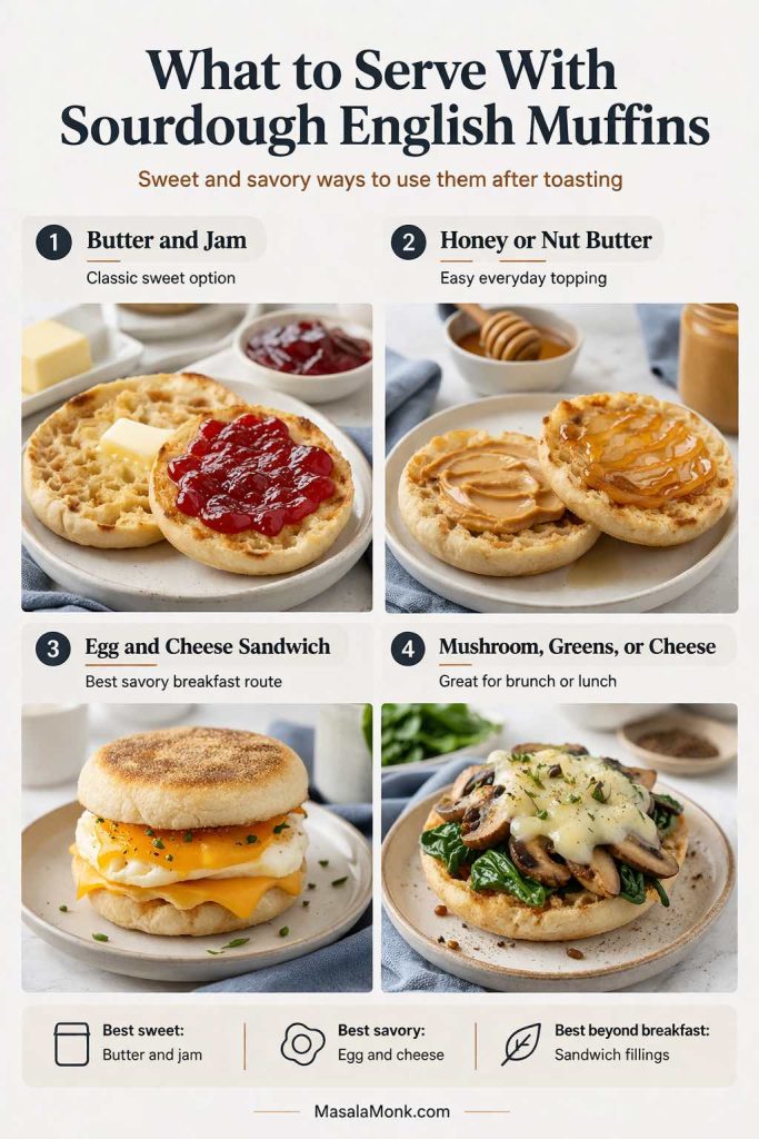 Serving ideas guide for sourdough English muffins showing butter and jam, honey or nut butter, an egg and cheese sandwich, and a savory mushroom, greens, and cheese topping.