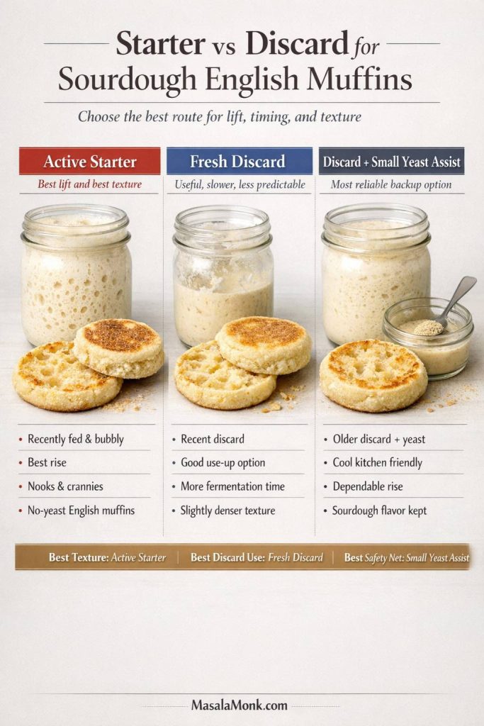 Comparison guide for sourdough English muffins showing active starter, fresh discard, and discard with a small yeast assist, with visual differences in starter condition, rise reliability, texture expectations, and best-use recommendations.