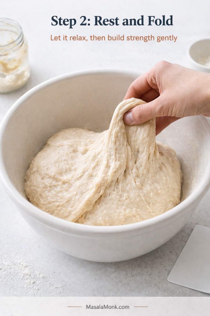 Step 2 process image for sourdough English muffins showing rested dough being gently folded in a bowl, with the dough looking softer, smoother, and stronger than after mixing but not fully polished.