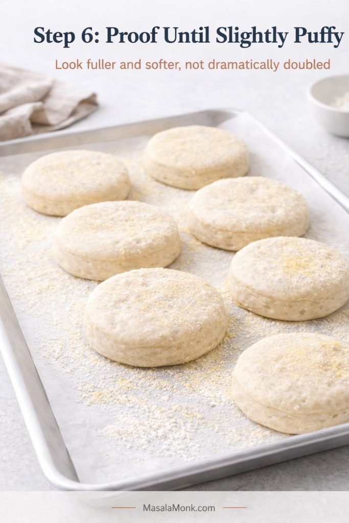 Step 6 process image for sourdough English muffins showing proofed rounds on a parchment-lined tray dusted with cornmeal or semolina, slightly puffier and softer than when first cut but not dramatically doubled.