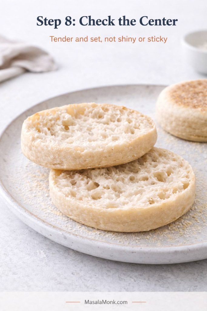 A properly cooked sourdough English muffin should open to a crumb that looks set, tender, and lightly moist without any gummy or pasty center. What you are checking here is not whether the inside looks dry, but whether it has finished cooking through. If the middle still looks shiny or sticky, the muffins need more gentle heat. If it looks soft yet clearly set, you are ready to move on to cooling and fork-splitting.