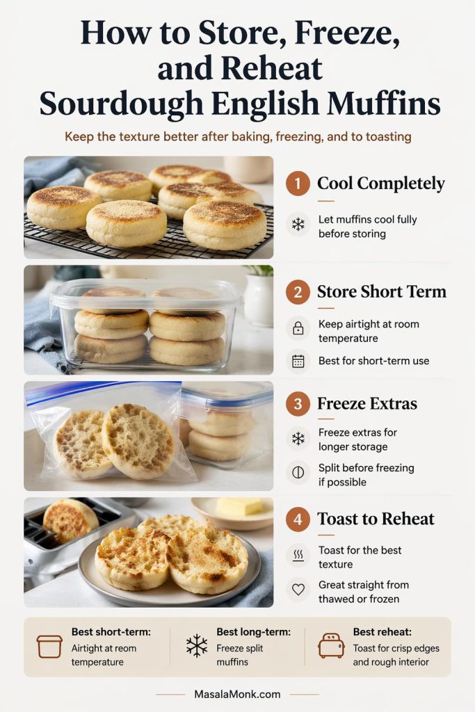 Storage guide for sourdough English muffins showing how to cool completely, store short term in an airtight container, freeze split muffins, and toast to reheat for the best texture.
