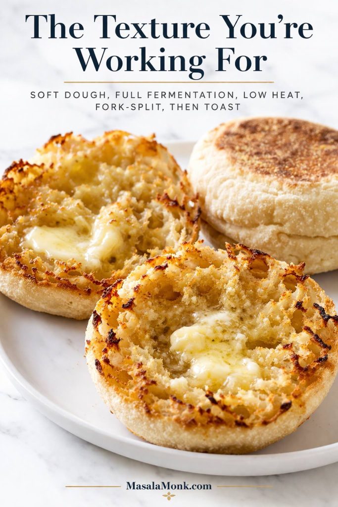 Fork-split sourdough English muffins toasted until crisp at the edges, with melted butter settling into the rough nooks and crannies of the interior crumb.