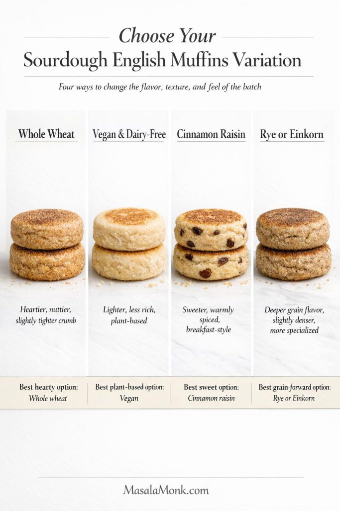 Comparison guide for sourdough English muffins showing four variations: whole wheat, vegan and dairy-free, cinnamon raisin, and rye or einkorn, with quick notes on flavor, texture, and which version each one suits best.