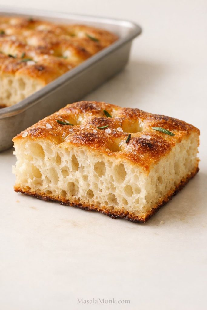 Close-up of a baked sourdough focaccia slice showing an airy crumb, golden top, olive-oil dimples, and crisp browned bottom edge.