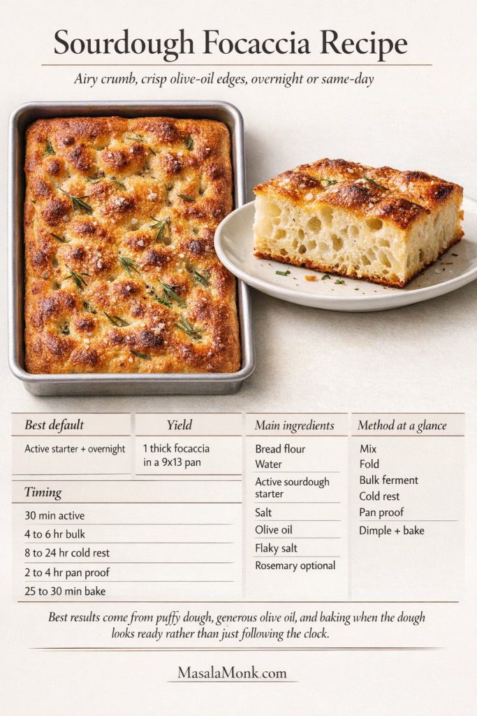 Sourdough focaccia recipe card showing a baked focaccia in a 9x13 pan, a cut square with airy crumb, and a summary of timing, ingredients, and method.