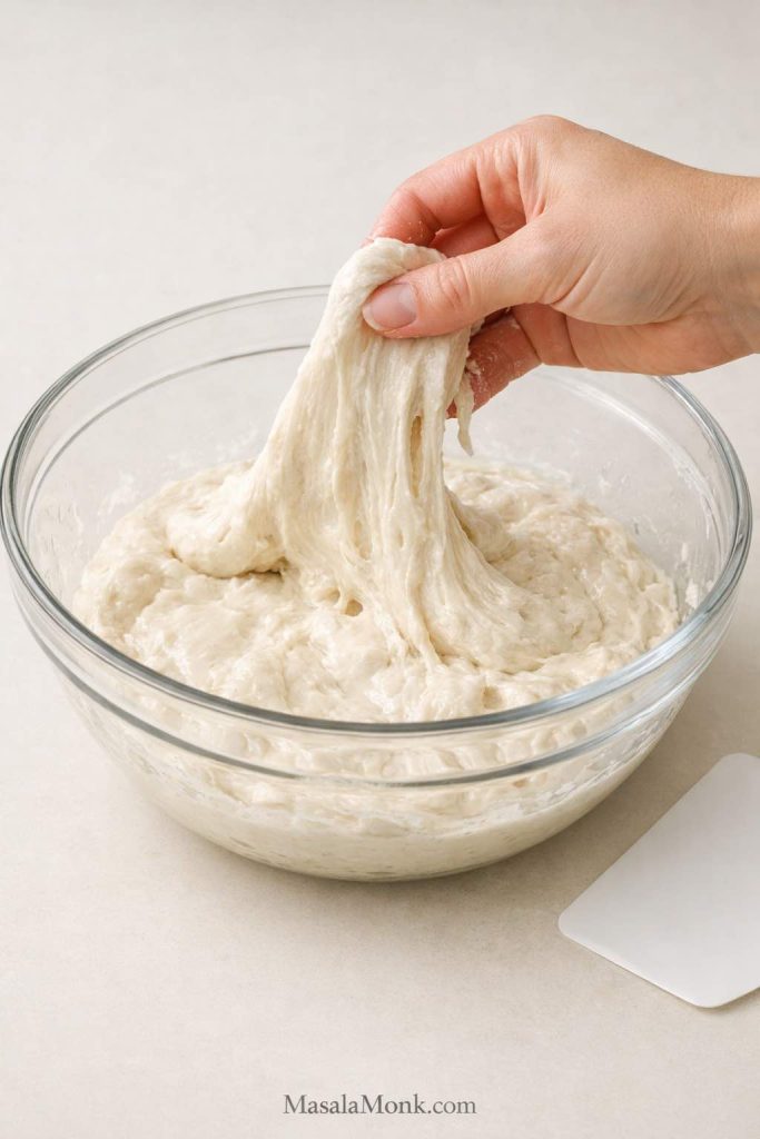 Hand lifting and folding sticky sourdough focaccia dough in a glass bowl during a stretch-and-fold.