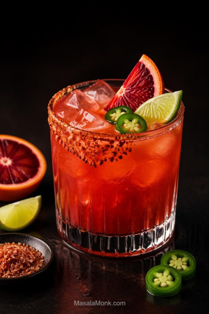 Spicy blood orange margarita in a rocks glass with a Tajín half rim, blood orange slice, lime wedge, jalapeño slices, and ice on a dark editorial background.