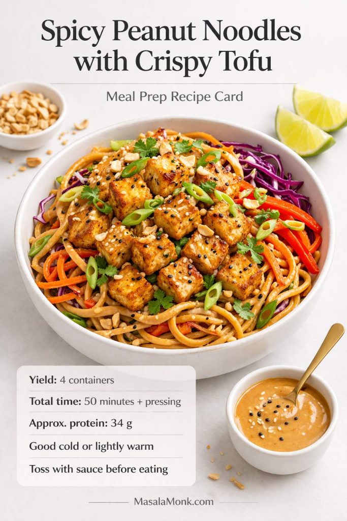 Spicy peanut noodles with crispy tofu recipe card showing glossy noodles, browned tofu, cabbage, carrots, bell pepper, green onion, and peanut sauce for tofu meal prep.