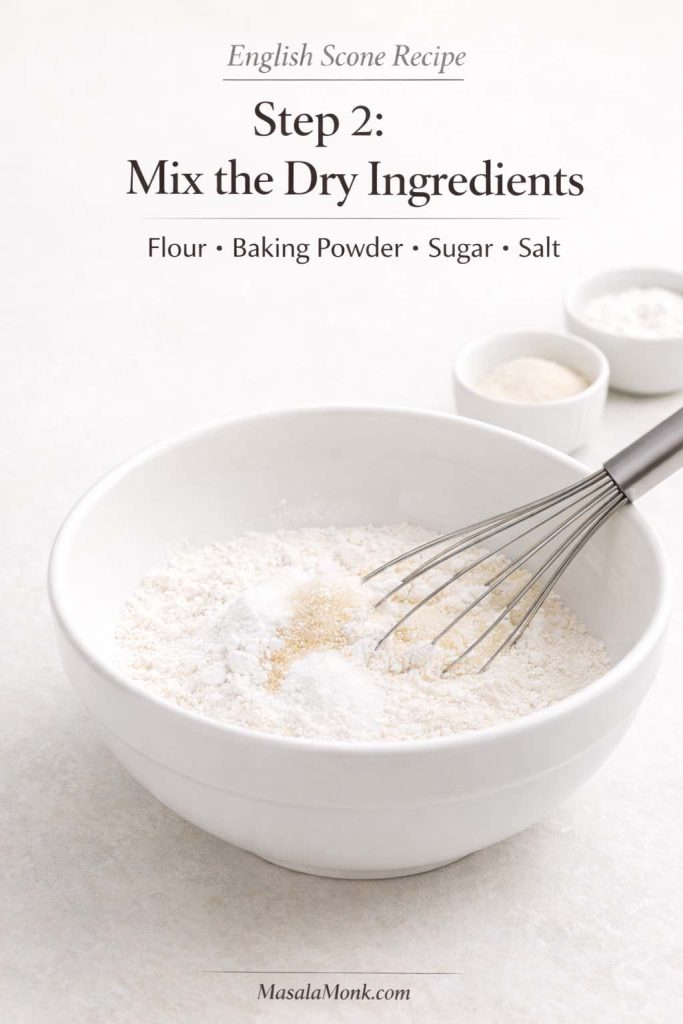 Step 2 English scone recipe graphic showing flour, baking powder, sugar, and salt being mixed in a bowl before the butter is added
