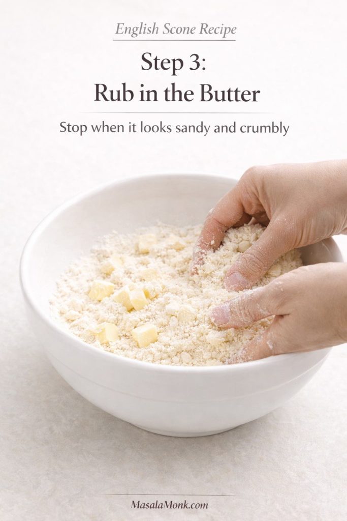 Step 3 English scone recipe graphic showing cold butter being rubbed into flour until the mixture looks sandy and crumbly.