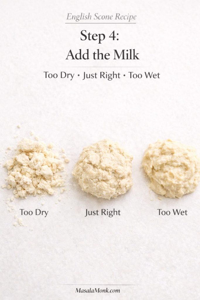 Step 4 English scone recipe dough guide showing too dry, just right, and too wet dough after adding milk.