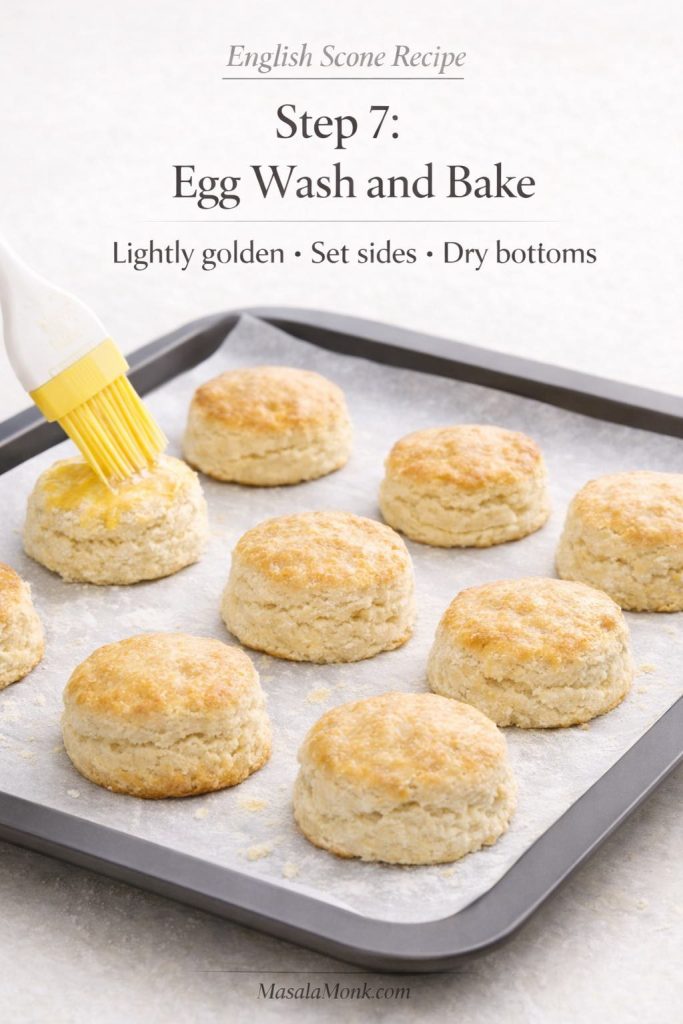 Step 7 English scone recipe graphic showing scones on a lined tray with egg wash and the correct lightly golden baked finish.