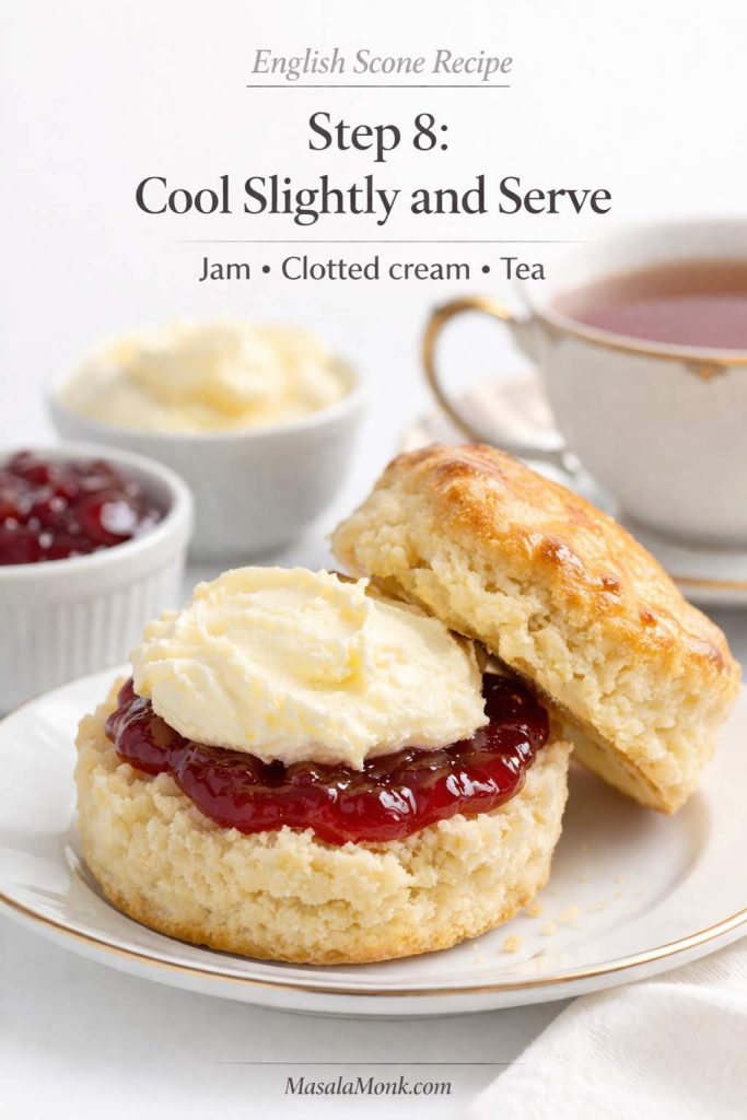 Step 8 English scone recipe graphic showing a split scone served with jam clotted cream and tea.