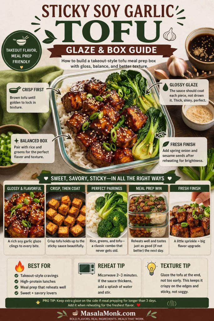Premium editorial infographic showing a sticky soy garlic tofu meal prep box with glossy glazed tofu, rice, and greens, plus tips on crisping tofu first, coating with glaze at the end, pairing it with a balanced lunch box, reheating gently, and finishing with spring onion and sesame for better texture and flavor.