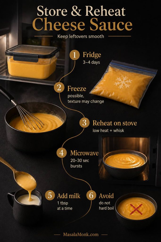 Guide showing how to store and reheat cheese sauce in the fridge, freezer, saucepan and microwave.