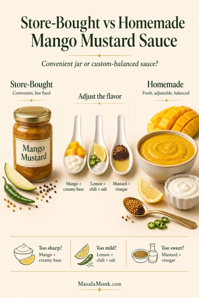 Store-bought vs homemade mango mustard sauce guide showing a jarred sauce, adjustment spoons with mango, lemon, chili, salt, mustard, and vinegar, and a fresh homemade sauce bowl.