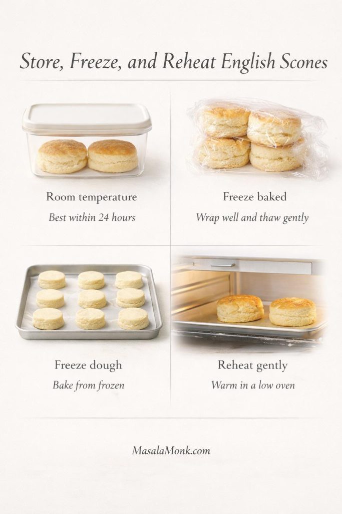 Storage guide for English scones showing room temperature storage, freezing baked scones, freezing dough, and reheating in a low oven.