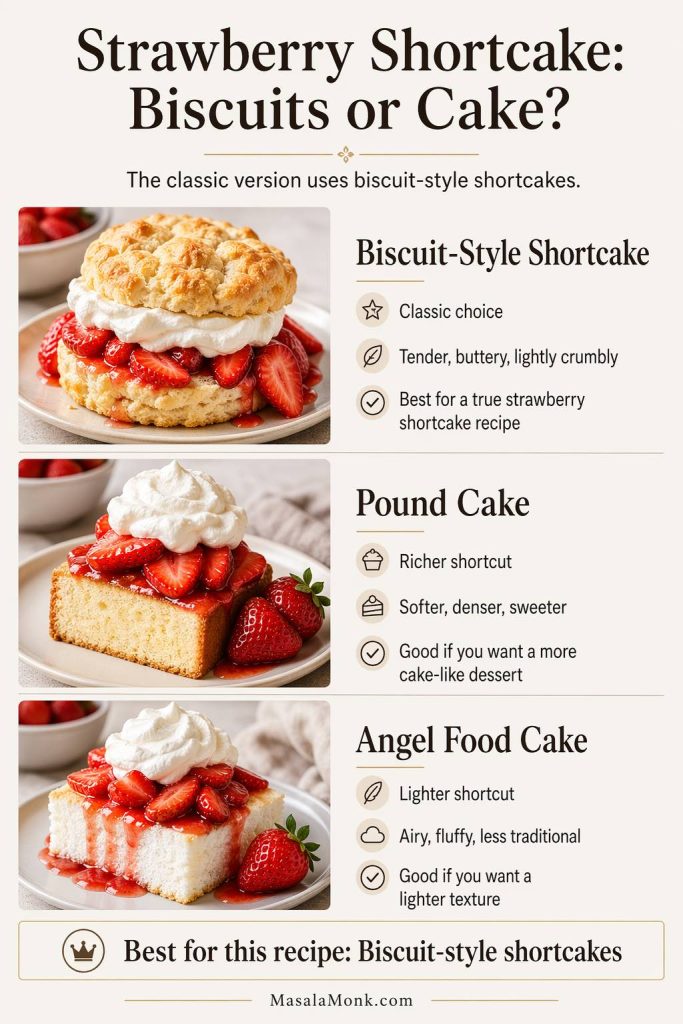 Comparison guide showing biscuit-style strawberry shortcake, pound cake, and angel food cake, with biscuit-style shortcake highlighted as the classic choice.